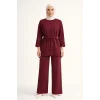 Osy Modal yumuşak dokulu Kadın Kuşaklı Tesettür Takım Salaş Kalıp 4/3 Kol Katlanmış kol İkili Takım - Bordo