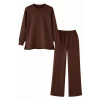 Osy Modal yumuşak dokulu Kadın Tesettür İkili Takım Yan Yırtmaçlı Uzun Tunik ve Düz Paça Pantolon, Salaş Kalıp - Kahverengi