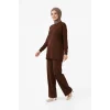 Osy Modal yumuşak dokulu Kadın Tesettür İkili Takım Yan Yırtmaçlı Uzun Tunik ve Düz Paça Pantolon, Salaş Kalıp - Kahverengi