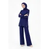 Osy Modal yumuşak dokulu Kumaş Modern Tesettür Takım Yandan Metal Çıtçıtlı Uzun Tunik Pantolon Set Salaş Kalıp - Lacivert