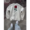 Kadın 3 iplik Pamuklu Bisiklet Yaka GÜL Baskılı SweatShirt - BeyazBeyaz