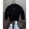 Kadın Oversize Kapüşonlu Cepli GÜL Baskılı 3 İplik Pamuklu Hoodie Sweatshirt - Siyah