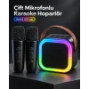 Taşıma Askılı Siyah LED Işıklı Bluetooth Hoparlör Çift Mikrofonlu Karaoke Seti
