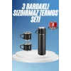 Termos Paslanmaz Çelik Termos Siyah Renk 3 Bardaklı Termos Seti