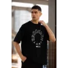 Unisex Bisiklet Yaka Baskılı Oversize T-Shirt - Siyah