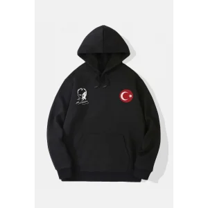 10 Kasıma Özel 3 İplik Kapüşonlu Baskılı SweatShirt Hoodie - Siyah