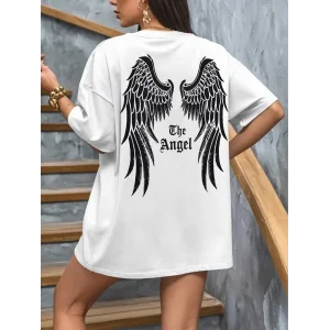 20/1 Penye Compack Dark Angel Baskılı Oversize Kısa Kol Yazlık T-shirt- Beyaz