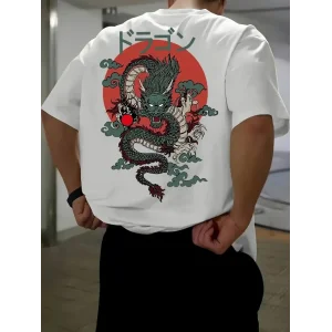 Erkek Penye Compack  Ejder Baskılı Oversize Bisiklet Yaka T-shirt - Beyaz