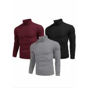 ERKEK 3lü Siyah, Bordo, Gri  Kaşkorse Boğazlı Full Likralı Fitilli Body Kazak