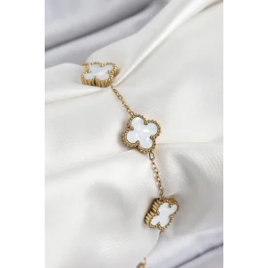 316L Çelik Beyaz Sedef Yonca Model Gold Renk Kadın Bileklik