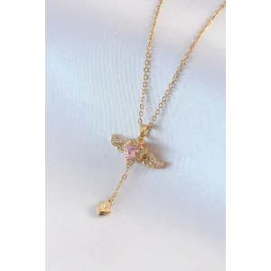 316L Çelik Gold Renk Kanatlı Kalp Model Zirkon Taş Detay Kadın Kolye