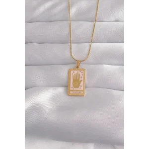 316L Çelik Gold Renk Pembe Mineli El Figür Tarot Kolye
