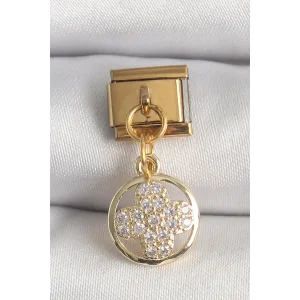 316L Çelik Gold Renk Sallantı Zirkon Taşlı Yonca Model Nomination Charm