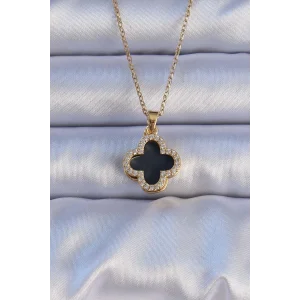 316L Çelik Gold Renk Siyah Mineli Zirkon Taşlı Yonca Figürlü Kolye