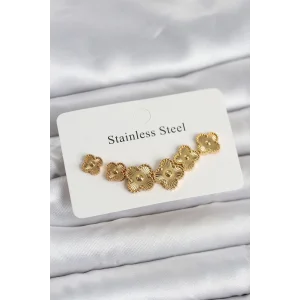 316L Çelik Gold Renk Yonca Küpe Seti