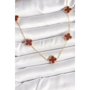 316L Çelik Gold Renk Zincir Bordo Yonca Model Kadın Kolye