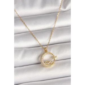 316L Çelik Gold Renk Zincir Zirkon Taşlı Ay Yıldız Model Sonsuzluk Detay Kadın Kolye