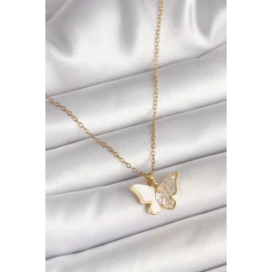 316L Çelik Gold Renk Zincir Zirkon Taşlı Beyaz Mineli Kelebek Model Kadın Kolye