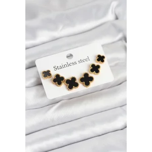 316L Çelik Gold Siyah Renk 3 Boy Yonca Küpe Seti