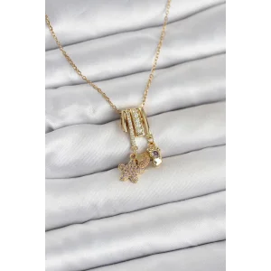 316L Çelik Gold Zirkon Taşlı Deniz Tema Charmlı Kadın Kolye