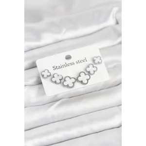 316L Çelik Gümüş Beyaz Renk 3 Boy Yonca Küpe Seti