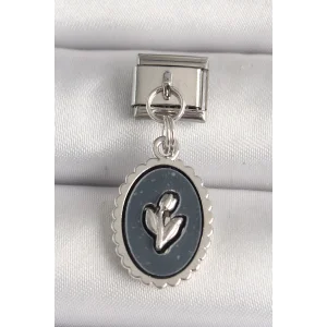 316L Çelik Gümüş Renk Çiçek İşlemeli Siyah Portre Model Nomination Charm