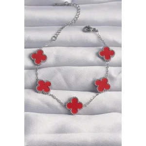 316L Çelik Gümüş Renk Kırmızı Mineli Yonca Bileklik