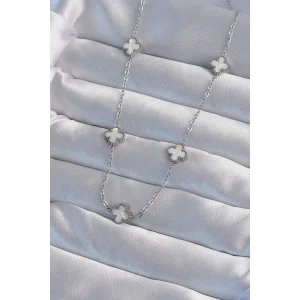 316L Çelik Gümüş Renk Minimal Beyaz Sedefli Yonca Kolye