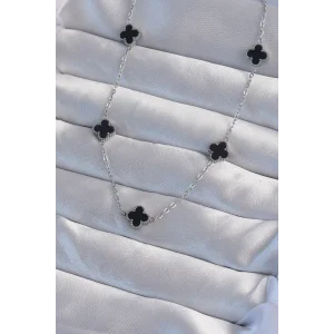 316L Çelik Gümüş Renk Minimal Siyah Mineli Yonca Kolye