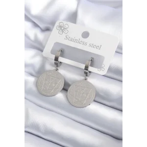 316L Çelik Gümüş Renk Pentagram İşleme Model Kadın Küpe