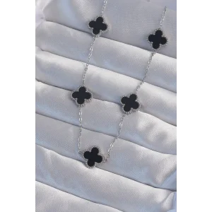 316L Çelik Gümüş Renk Siyah Mineli Yonca Kolye