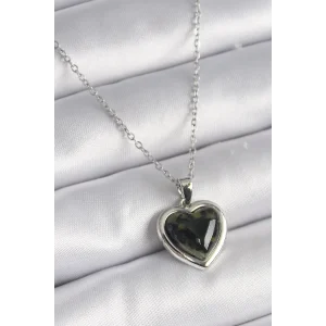 316L Çelik Gümüş Renk Yeşil Mineli Kalp Model Kadın Kolye