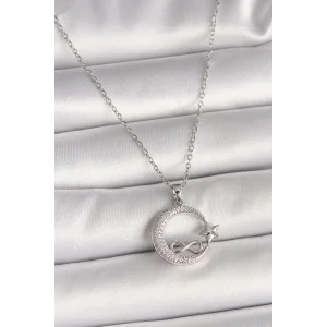 316L Çelik Gümüş Renk Zincir Zirkon Taşlı Ay Yıldız Model Sonsuzluk Detay Kadın Kolye