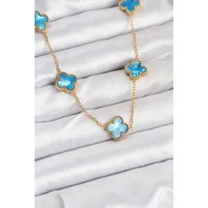 316L Çelik Zincir Gold Buz Mavisi Renk Yonca Kolye