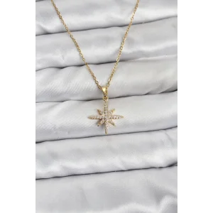316L Çelik Zincir Gold Renk Kutup Yıldızı Model Zirkon Taşlı Kadın Kolye