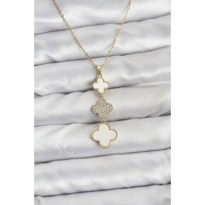 316L Çelik Zincir Gold Renk Yonca Detaylı Zirkon Taşlı Kadın Kolye