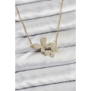 316L Çelik Zincir Gold Renk Zirkon Taşlı Kelebek Model Kadın Kolye