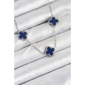 316L Çelik Zincir Gümüş Lacivert Renk Yonca Kadın Kolye