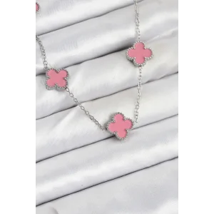 316L Çelik Zincir Gümüş Pembe Renk Yonca Kadın Kolye