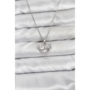 316L Çelik Zincir Gümüş Renk Kalp ve Fiyonk Model Zirkon Taşlı Kadın Kolye