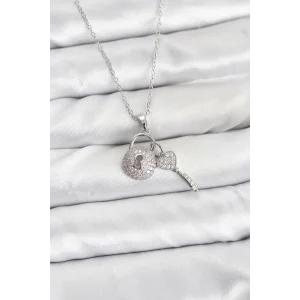 316L Çelik Zincir Gümüş Renk Kilit Anahtar Model Zirkon Taşlı Kadın Kolye