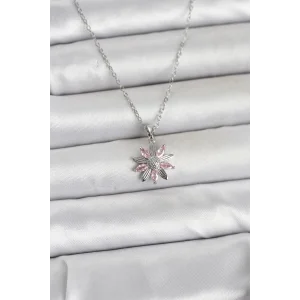 316L Çelik Zincir Gümüş Renk Pembe Papatya Model Kadın Kolye
