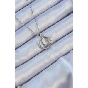 316L Çelik Zincir Gümüş Renk Zirkon Taşlı Ay Yıldız Simgeli Atatürk Kolye