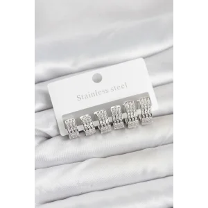 316L Çelik Zirkon Taşlı Gümüş Renk Halka Küpe Seti