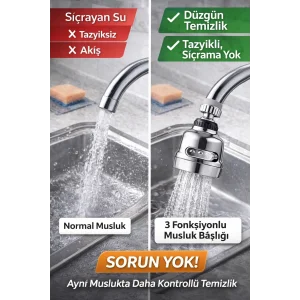 360° Döner Krom 3 Fonksiyonlu Musluk Başlığı | Sıçramasız, Basınçlı ve Su Tasarruflu