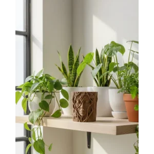 3D Ağaç Gövdesi Formlu Yüz Figürlü Dekoratif Saksı Sanatsal Tasarım Vazo