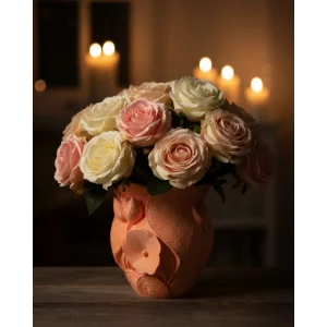 3D Kabartmalı Çiçek Motifli Turuncu Dekoratif Vazo