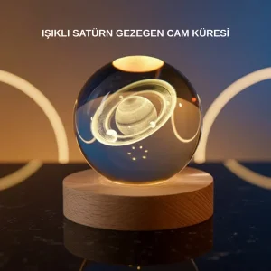 3D Satürn Gravürlü Kristal Küre Dekoratif LED Işıklı Gece Lambası