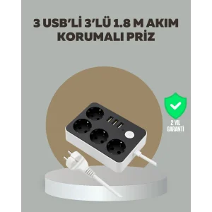 4 Prizli 3 USB Portlu Anahtarlı Akım Korumalı Priz