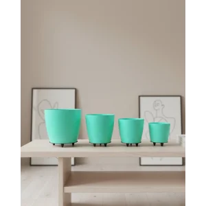 4’lü 3D Ayaklı Yeşil Saksı Seti Dekoratif Modern Tasarım